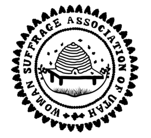 image of a stamp with a beehive that says Woman Suffrage Association of Utah