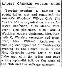 Newspaper headline "Ladies Organize Wilson Club"